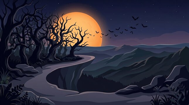 A spooky flat vector halloween background featuring a winding path through a dark forest under a large full moon