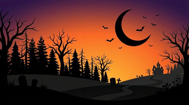 A spooky flat vector halloween background featuring a dark forest silhouette under a glowing crescent moon and flying bats