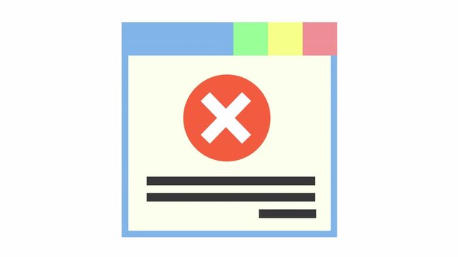Failed task checklist document with red cross marks and colorful tab dividers cartoon animation for an error report document icon and rejected data validation concept isolated on an alpha channel.