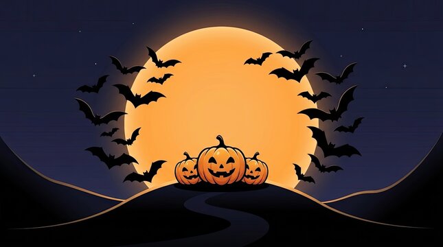 A festive flat vector halloween background featuring a glowing orange full moon with flying bats and a carved pumpkin