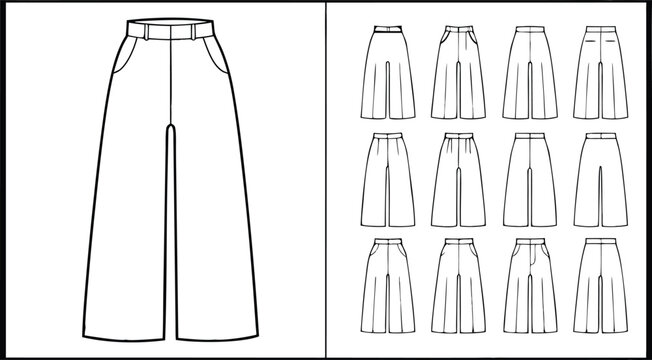 Technical fashion flat of wide leg trousers with multiple variations