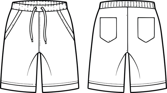 Technical fashion flat of men's elastic waistband shorts, front back