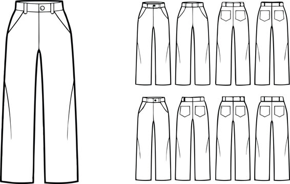Technical fashion flat of wide leg trousers, front and back views, set