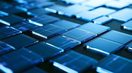 Fototapeta premium Abstract Tech Banner with Overlapping Blue Glass Tiles and Glowing Lines, Modern Digital Background for Technology and Business Concepts