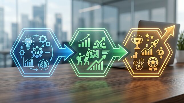 Business infographic with three directional indicators in sequential phases for achievement and advancement concept. suitable for slideshow. Business infographic with three directional indicators in
