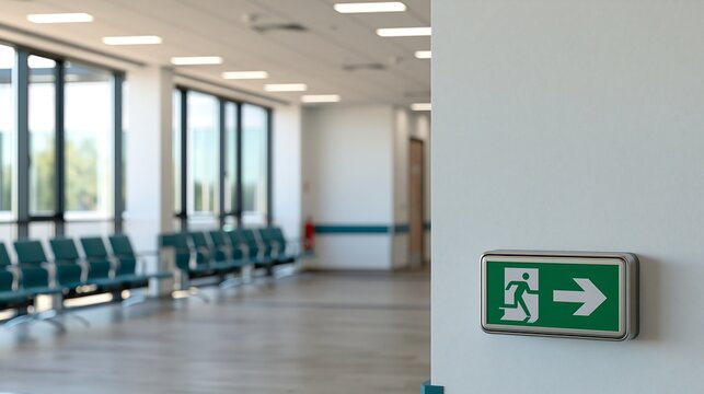 An emergency exit sign mounted on a white wall in a modern corporate building hallway with waiting area seats and large windows