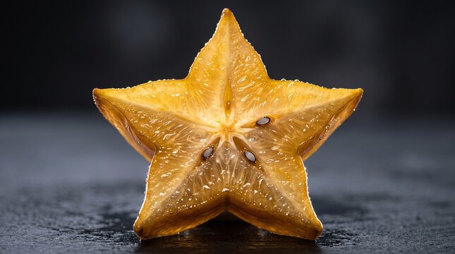 Translucent golden starfruit forms elegant geometric patterns with glowing edges, delicate moisture, and extraordinary macro texture.