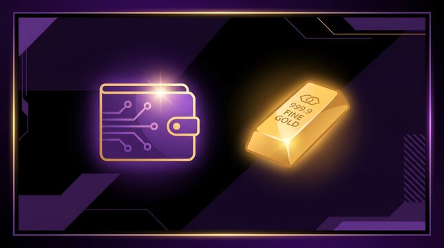 Digital Crypto Wallet and Golden Bar Icon Concept on Dark Purple Background