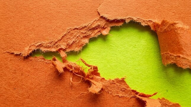 Detailed view of shredded orange paper exposing a vivid lime-green surface underneath. Macro shot of ripped orange sheet revealing a bright emerald backdrop. background  Torn orange paper bright
