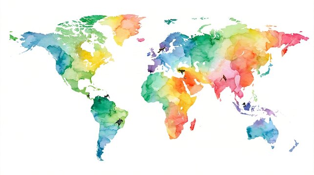 Colorful watercolor world map cutout on white background featuring vibrant rainbow paint splashes, artistic geography design, and creative travel concept illustration