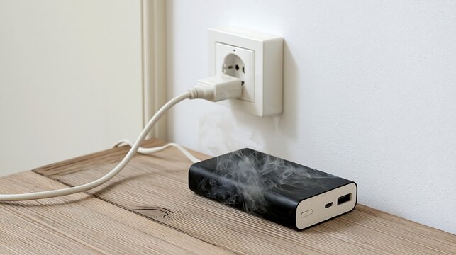 Close up of a black power bank emitting smoke while plugged in and charging on a wooden table, concept of electrical hazard, short circuit, and faulty battery danger