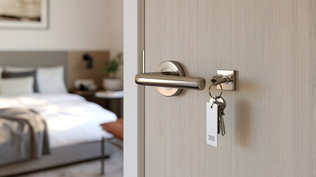 A close-up view of a classic metal door handle with a hotel room key fob hanging from the lock in a modern interior hotel bedroom setting