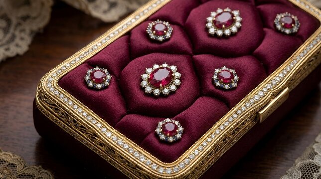 Padded textile band border rich burgundy tone Padded setting with gemstone details and band border setting quilted background rhinestone ribbon frame border wine burgundy red texture