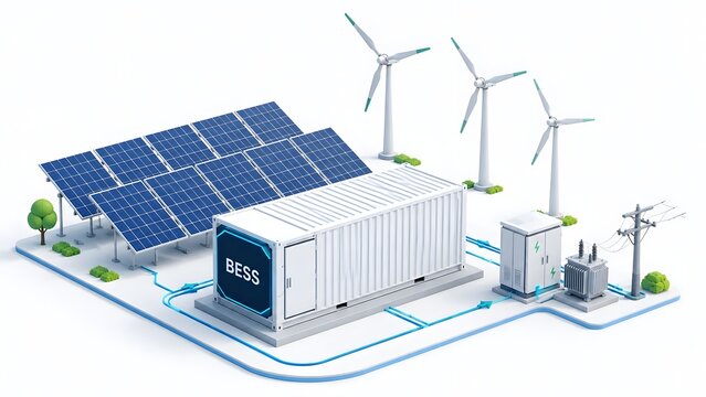Isometric 3D Concept of Renewable Energy System with Battery Storage Solar Panels Wind Turbines and Power Grid