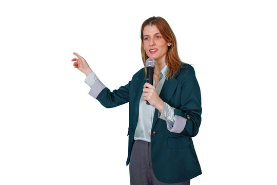 Businesswoman giving a presentation, speaking at a conference with a microphone, gesturing, public speaking expertise
