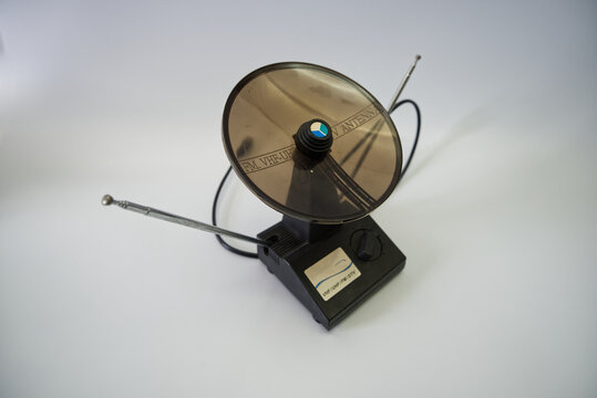 Suzano, Sao Paulo - Brazil - february 12, 2026: Portable vintage television antenna against a background