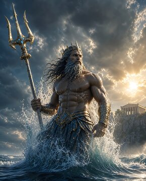 Powerful Poseidon God of the Sea holding a golden trident emerging from ocean waves near an ancient temple