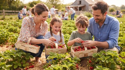 Fototapeta premium A happy family is picking strawberries at a farm on a sunny day, with a barn in the background.