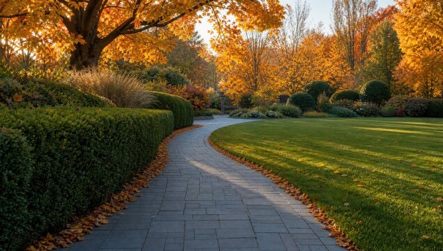 Autumn park path lined with green hedge and fallen leaves, vibrant fall foliage under soft sunlight.