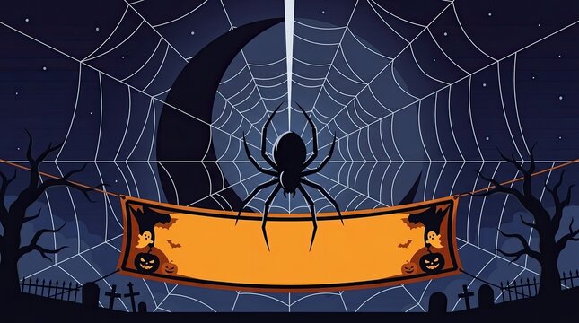 A spooky dark night background featuring a detailed spider web and halloween banner for your festive holiday party invitations