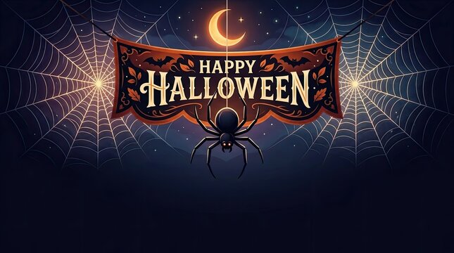 A festive happy halloween banner featuring a spooky spider web design with a crescent moon in a dark night background