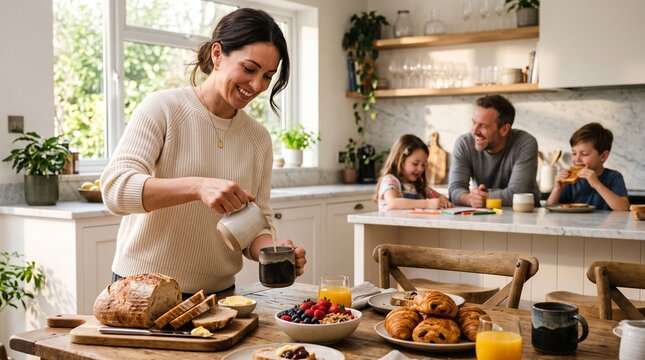 A happy family enjoys a delicious breakfast in a sunlit kitchen, with parents serving food and children eagerly anticipating their meal, symbolizing warmth and togetherness.