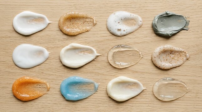 Various face wash products swatches  skincare cosmetics swatches face wash products gel foam mousse milk makeup removal samples background closeup texture smear green blue