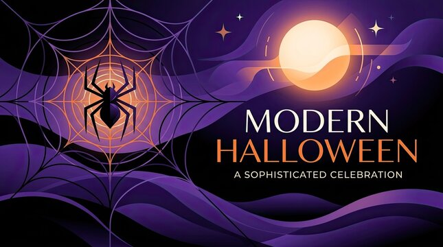 A spooky spider web and halloween banner featuring a glowing full moon and dark purple atmospheric forest background design