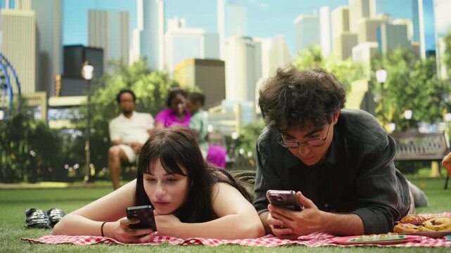 Disconnected couple scrolls through social media while lying on a picnic blanket, showing digital distraction, phone dependency and disengagement as they ignore each other during relationship problem.