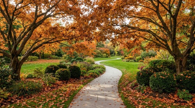 Curving stone pathway through vibrant autumn garden landscape.