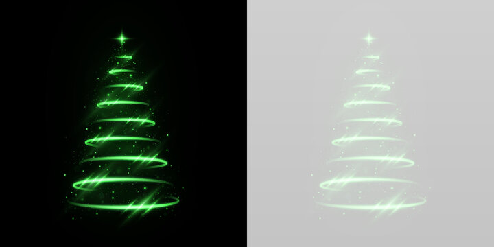 Spiral green Christmas tree with sparkling baubles and ribbons.

