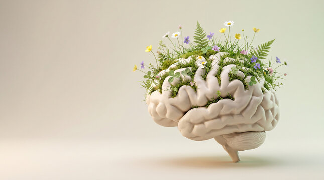 Sustainable thinking concept featuring organic human brain covered with green grass and flowers symbolizing environmental awareness