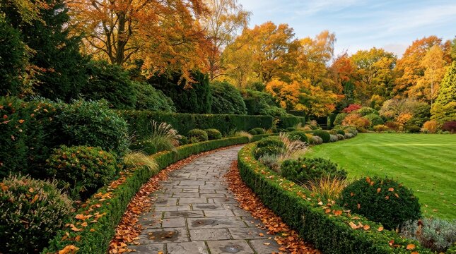 Lush autumn garden pathway with manicured hedges and golden trees.