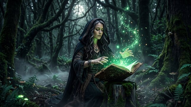 Witch Performing Magic with Glowing Book in Enchanted Forest