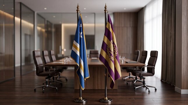Two national flags with golden finials are displayed in a modern conference room setting banners