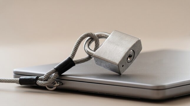 Silver padlock with steel cable secures a gray laptop representing data protection lock security computer