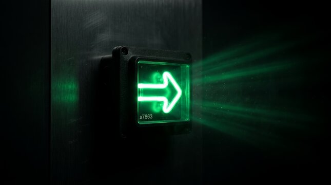 Electric indicator pointing right side emitting luminescent neon rays in dark room