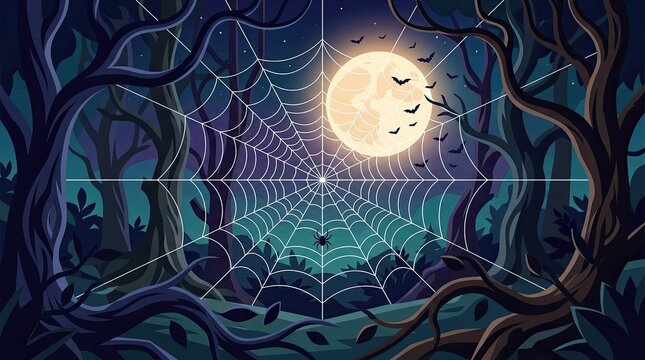 A spooky forest scene featuring a detailed spider web and halloween banner for your seasonal holiday party decorations