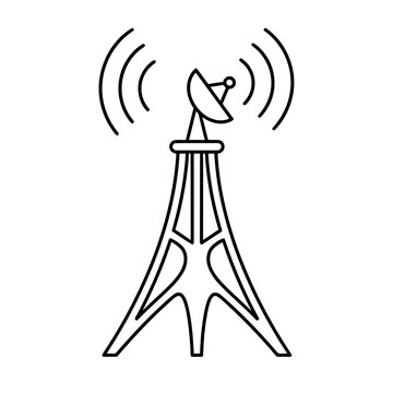 Communication Tower with Satellite Dish and Signal Waves