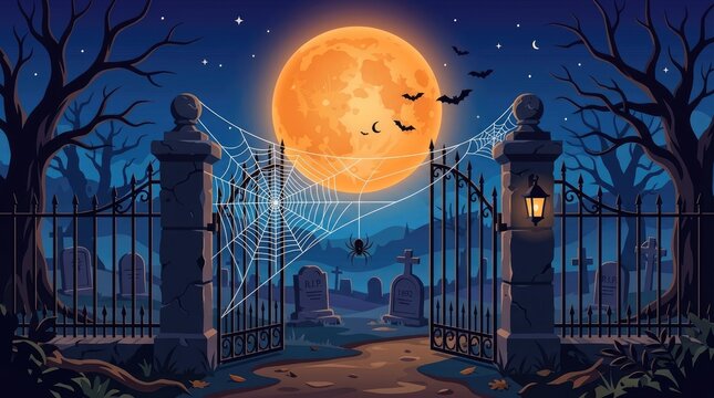 A spooky graveyard entrance featuring a detailed spider web and halloween banner under a large glowing full moon background