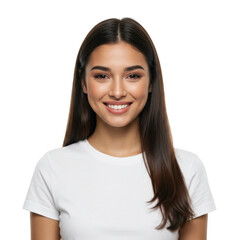 Fototapeta premium Smiling woman in white t shirt isolated on transparent background