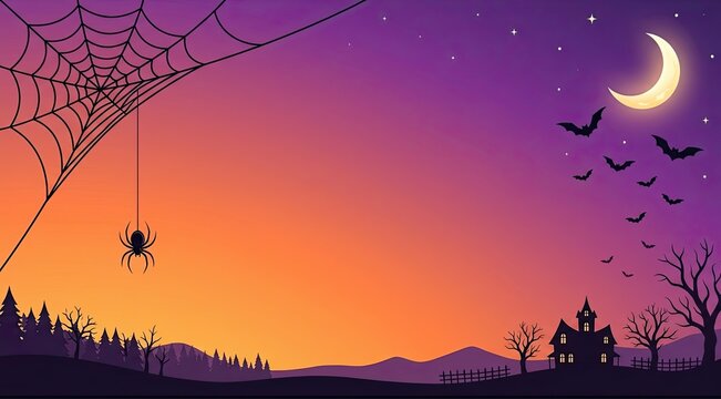 A festive spider web and halloween banner featuring a spooky night sky with a crescent moon and flying bats