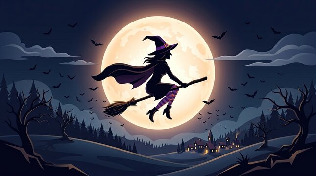 A spooky witch flying night scene silhouette against a glowing full moon with bats in a dark forest landscape