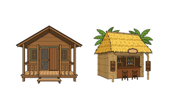 Set of Wooden Beach Cabins and Tropical Tiki Bar Hut Vector Illustration