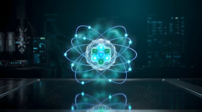 Holographic 3D projection of a glowing atom hovering over a high tech laboratory table representing advanced scientific research and quantum computing.