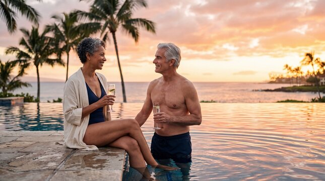 Romantic Sunset Rendezvous: An elegant senior couple shares a toast by an infinity pool, overlooking a breathtaking tropical sunset, their silhouettes framed by swaying palm trees.
