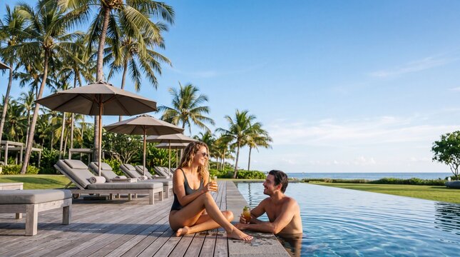 Tropical Paradise Getaway: A romantic couple enjoys a luxurious vacation by an infinity pool, surrounded by palm trees and overlooking the ocean, embodying relaxation and leisure.