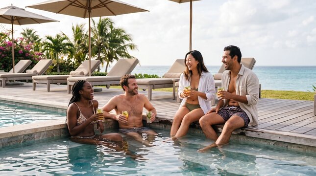 Friends relaxing by the pool: A group of diverse friends enjoy a refreshing cocktail by the swimming pool, basking in the tropical sun with the ocean in the background.
