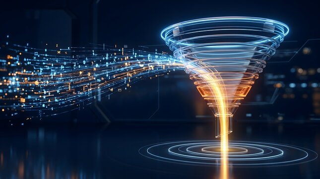 3D futuristic glass funnel processing glowing digital data streams and binary code representing big data analytics and information filtering.