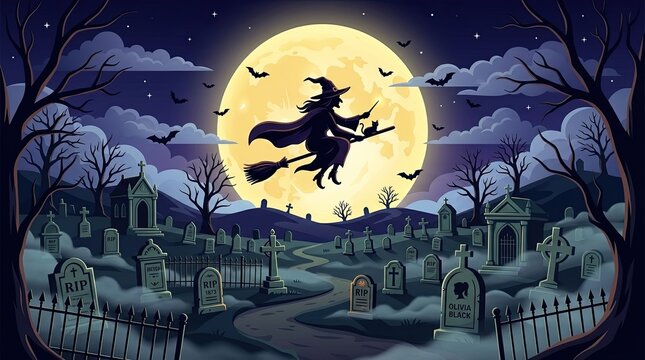 A spooky witch flying night scene silhouette against a giant bright full moon over a dark haunted graveyard landscape